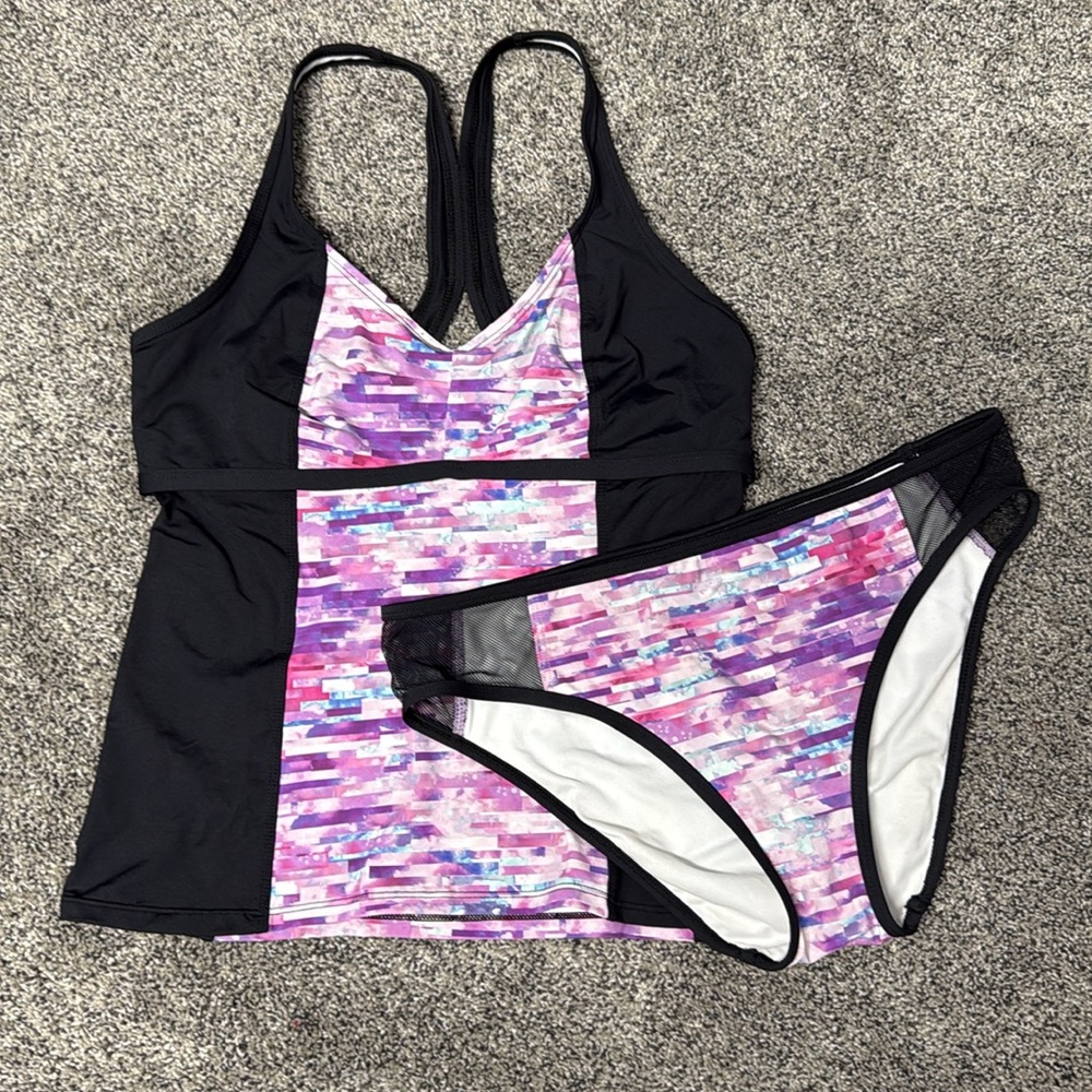 Purple, Pink & Black Patterned Tankini, M